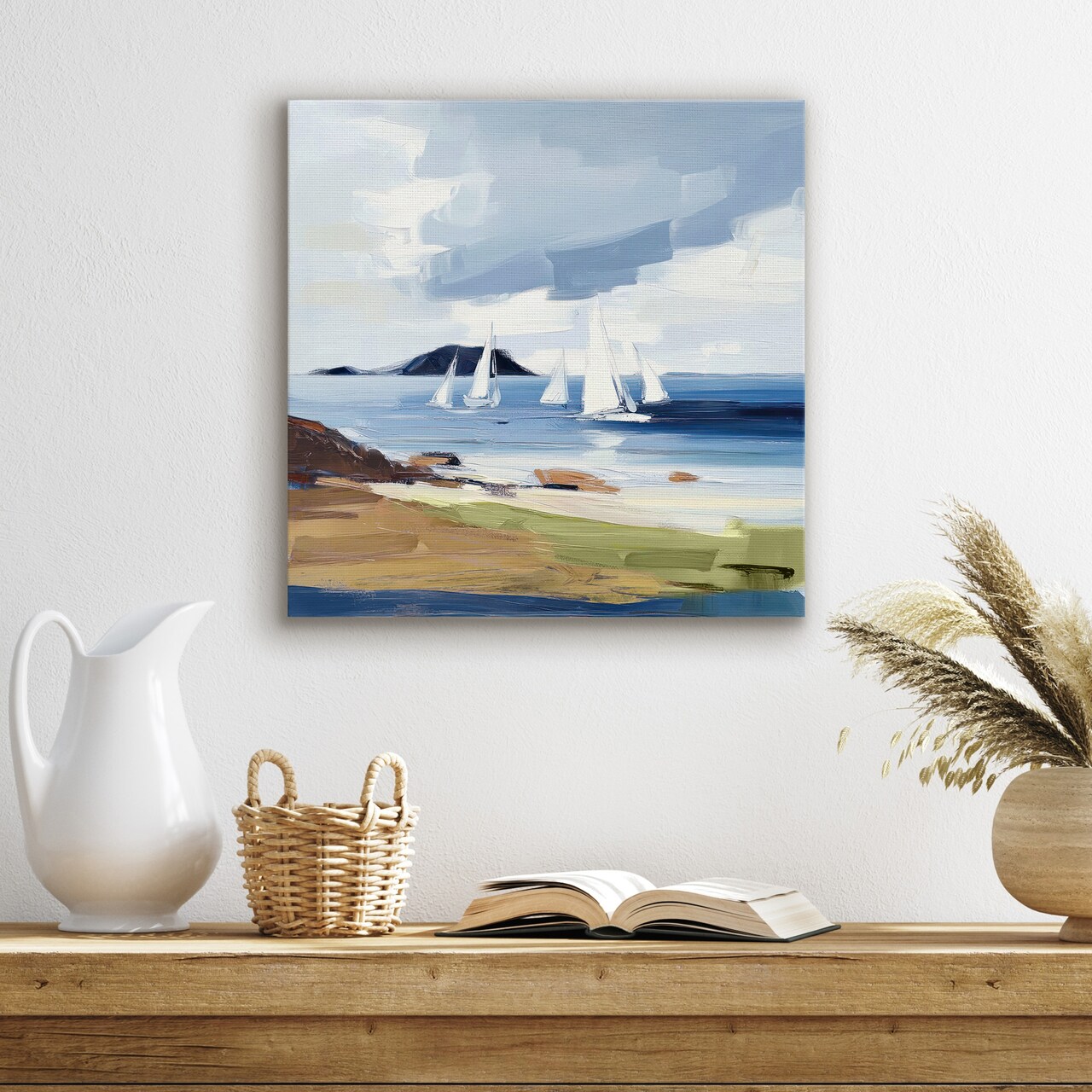 Americanflat Canvas Wall Art Featuring White Sailboats, Blue Ocean, Beige Sand and Cloudy Sky - Gallery Wrap - Seascape Coastal Wall Art